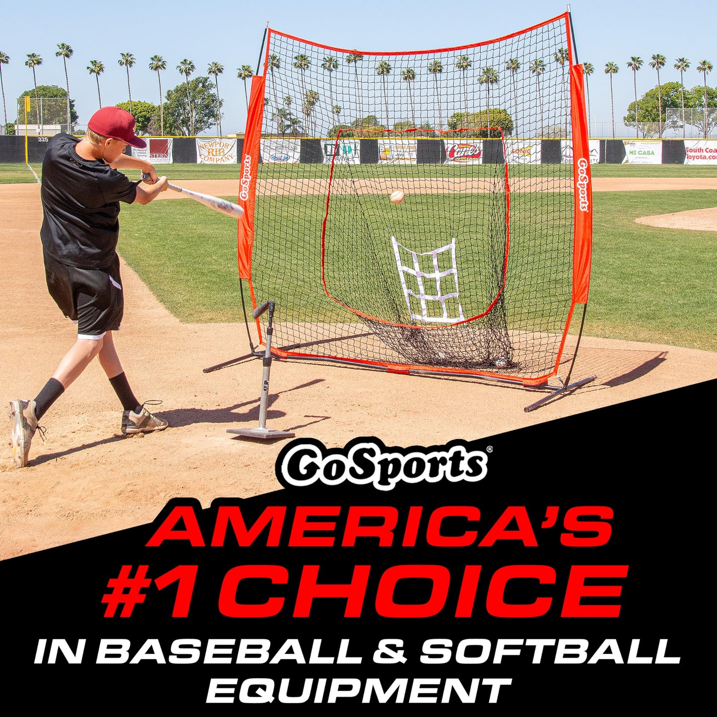 GoSports 7 ft x 7 ft Baseball & Softball Practice Hitting & Pitching Net with Bow Type Frame, Carry Bag and Strike Zone, Great for All Skill Levels