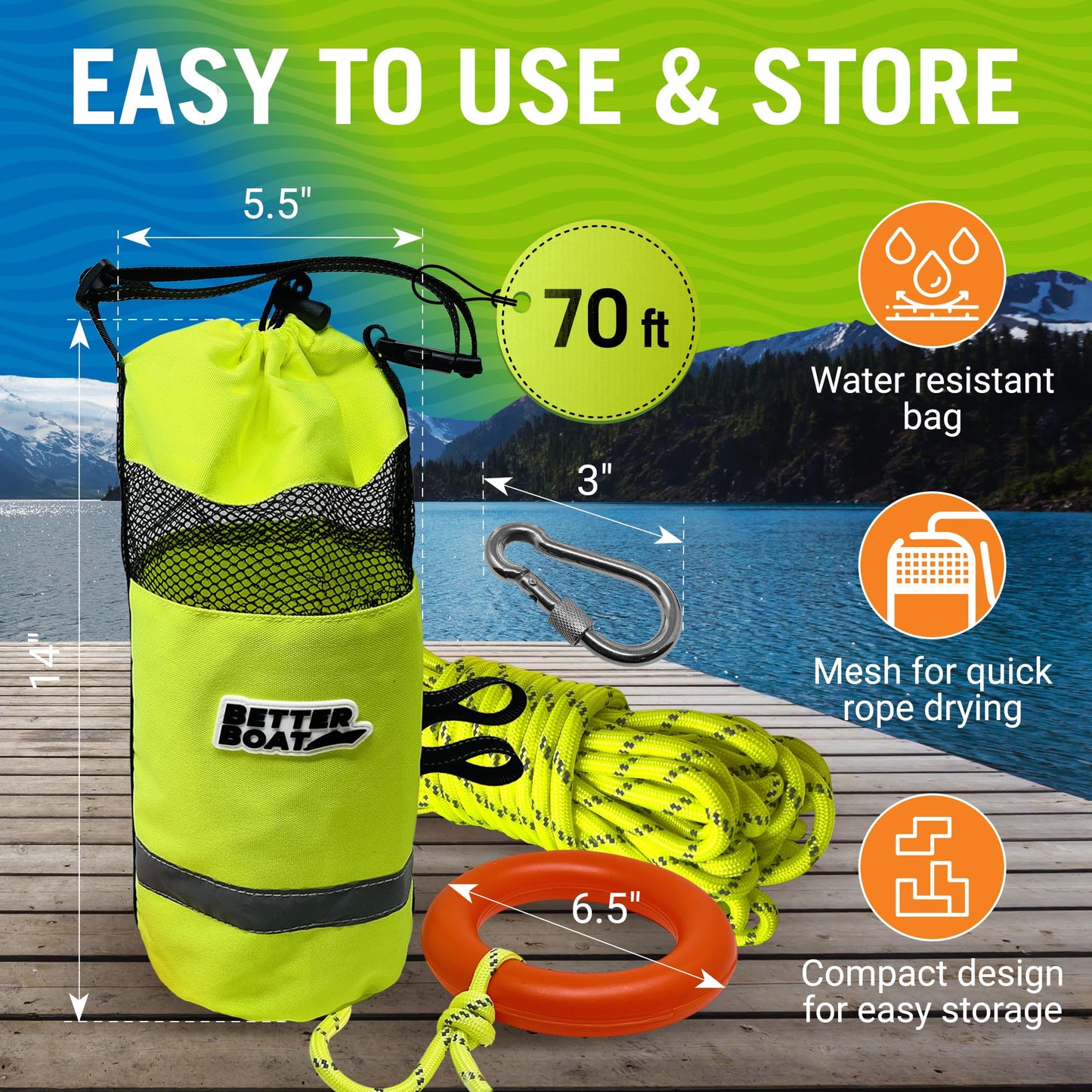 Better Boat Water Throw Bag for Rescue, 70 FT Rope, Water Rescue Equipment with Line Bag, Ideal for Kayak, Larger Boats, and Emergency Use