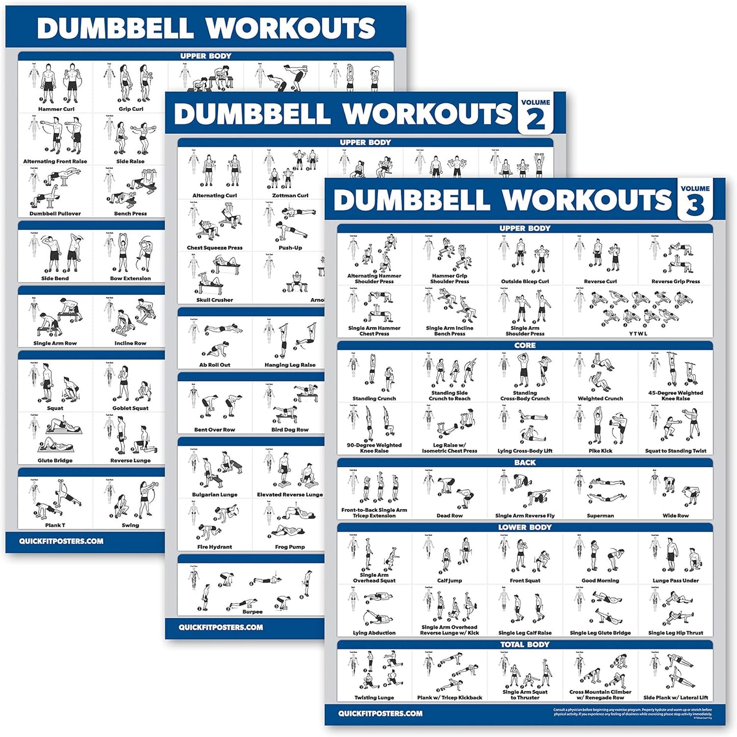 Palace Learning Dumbbell Workout Posters - Laminated Exercise Charts (18" x 24") | 3 Pack Volume 1, 2 & 3
