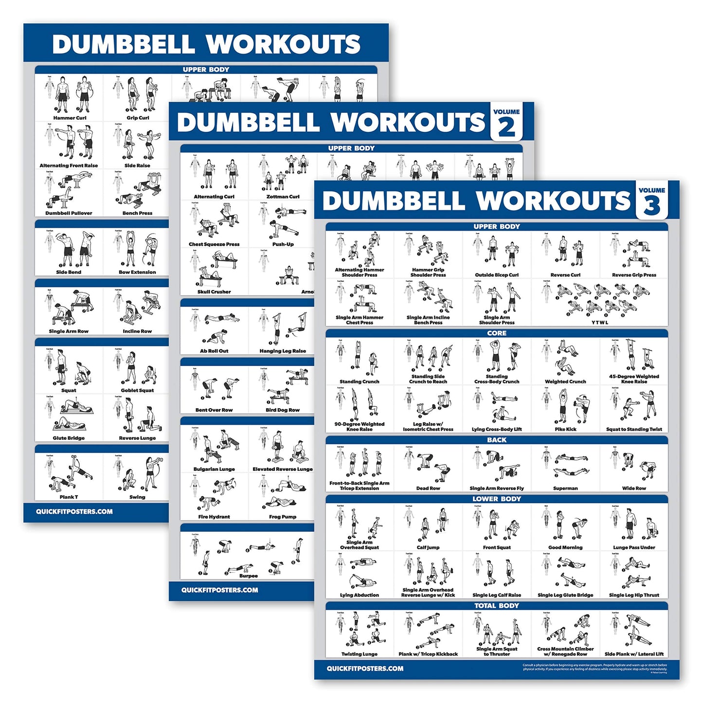 Palace Learning 3 Pack - Dumbbell Workout Posters for Home Gym - Volume 1, 2 & 3 - Exercise Charts (Laminated, 18" x 24")