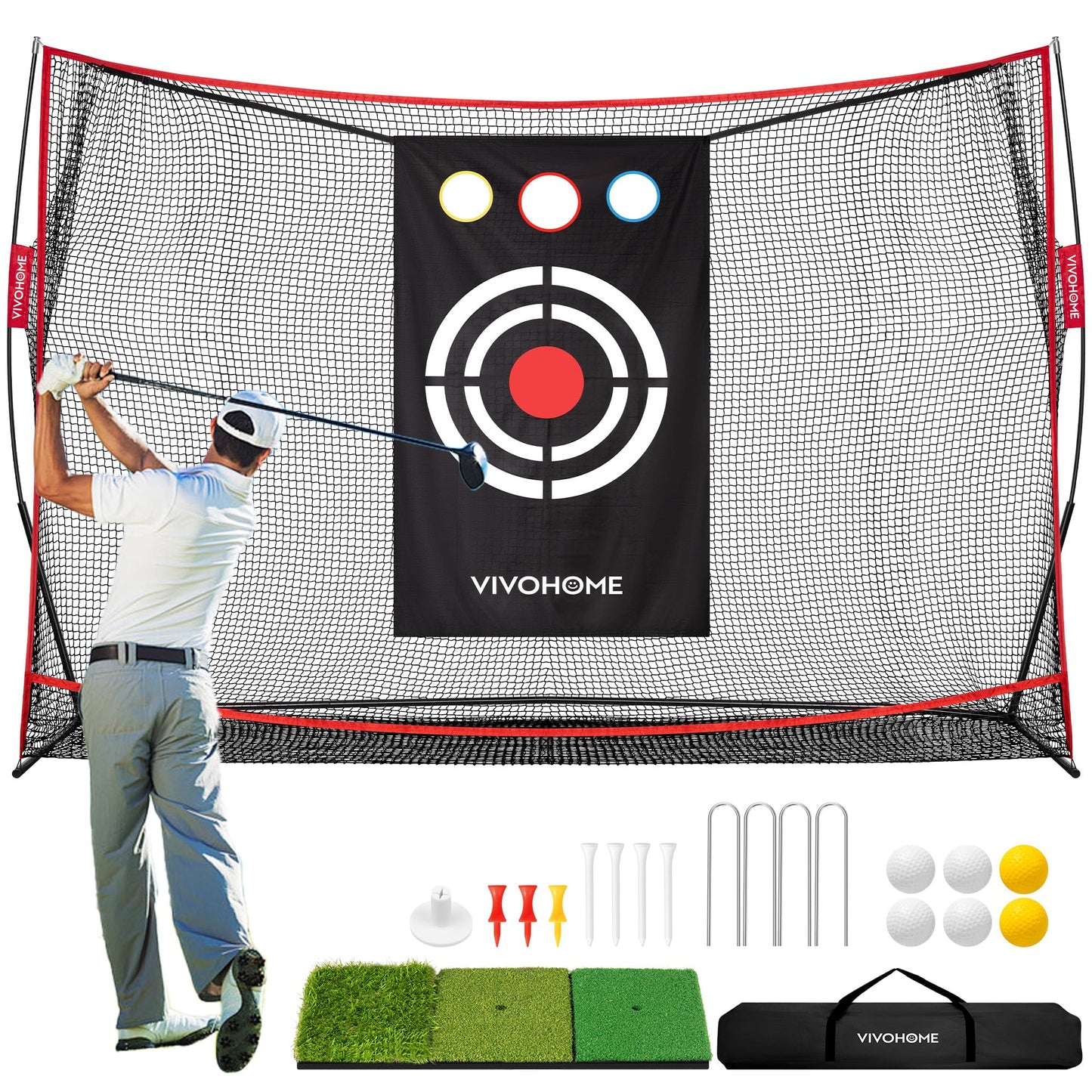 VIVOHOME 10 x 7ft Golf Net for Hitting, Chipping, Driving Training, Heavy Duty Golf Practice Net for Indoor, Backyard, Garage, with Mat, Target Cloth, 8 Tees, 6 Balls, Carry Bag