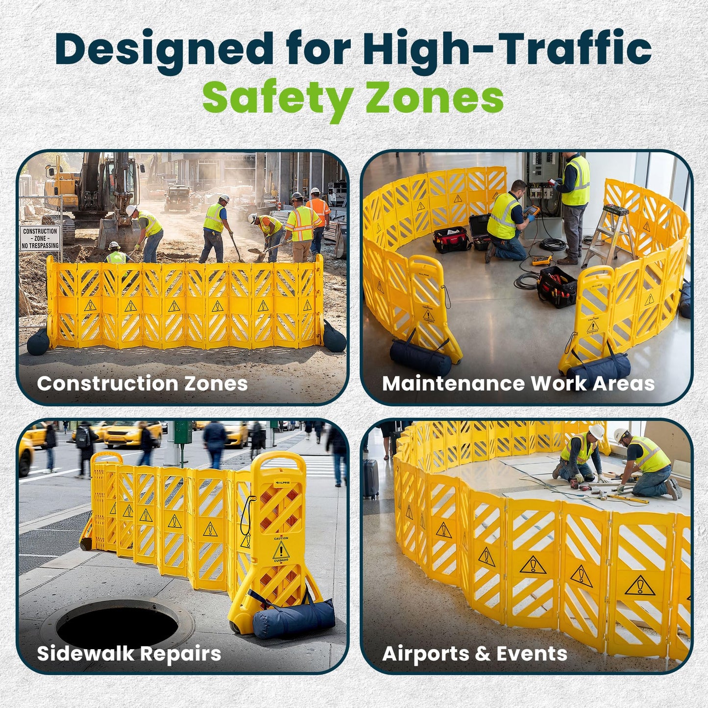 Alpine Commercial Safety Barriers, 13 Foot Expandable Mobile Barricade System - Folding Portable Barrier, Yellow, Plastic, for Construction, Driveway Gate