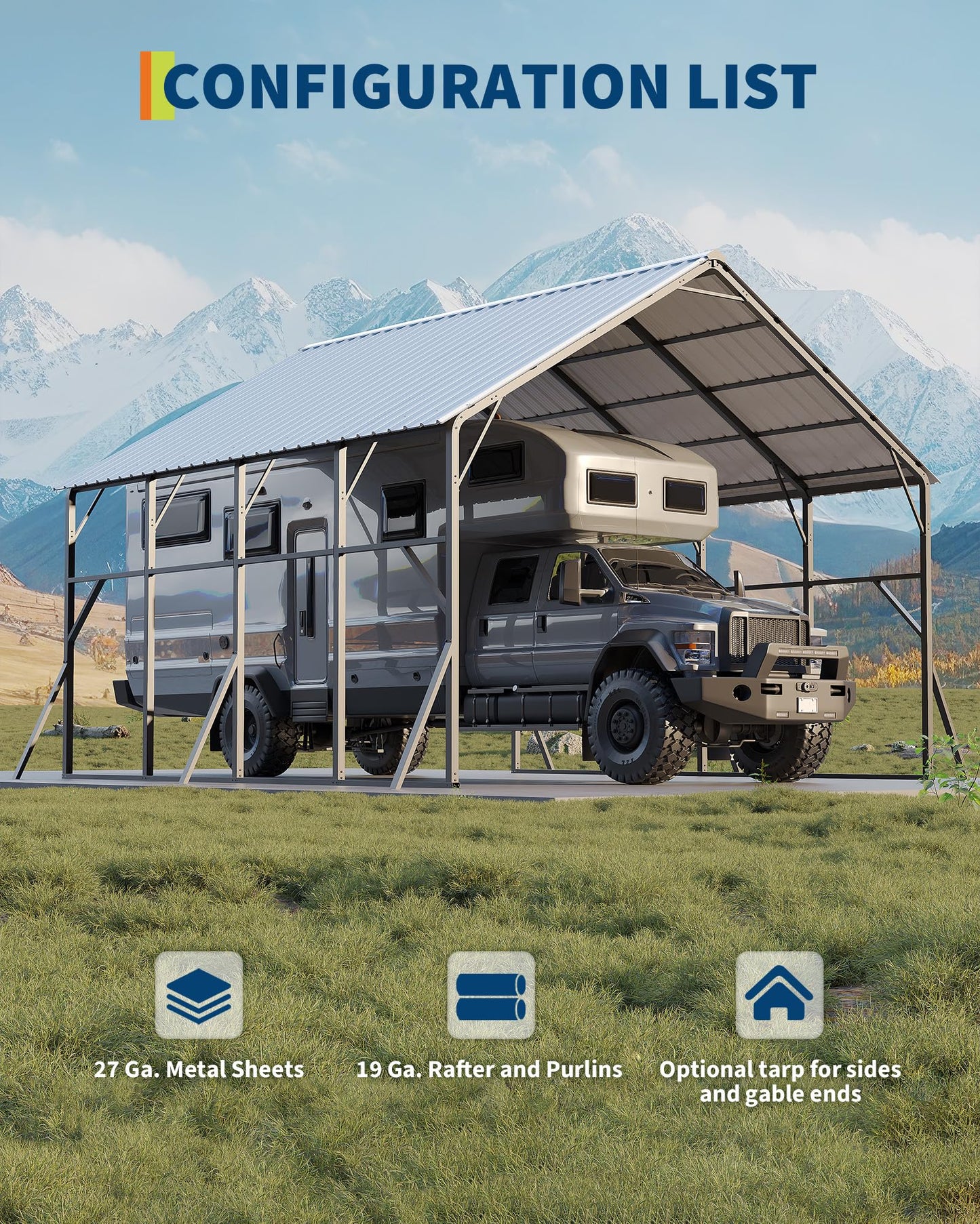 Garvee 20x20 ft Metal Carport Kit, 120° Steep-Pitch Vertical Roof for Snow Shedding, 173" High-Clearance RV & Tractor Shelter, Heavy-Duty 2 Cars Car Port with Reinforced Frame