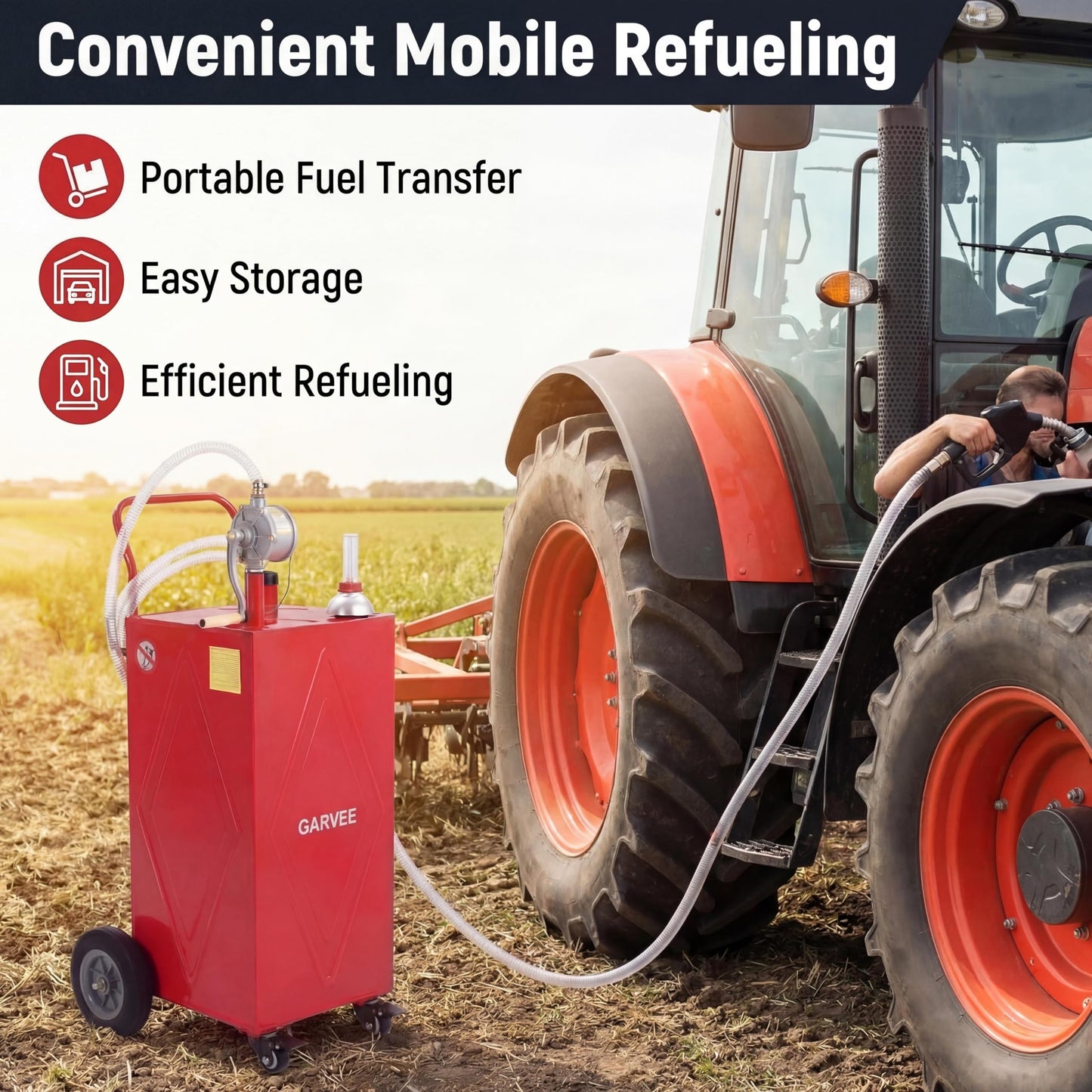 GarveeLife 30 Gallon Heavy-Duty Steel Fuel Caddy, Manual Rotary Pump, Portable Gasoline Transfer Tank for Trucks, Boats, ATVs, Lawn Mowers & Farm Equipment – Red 4-Wheeler