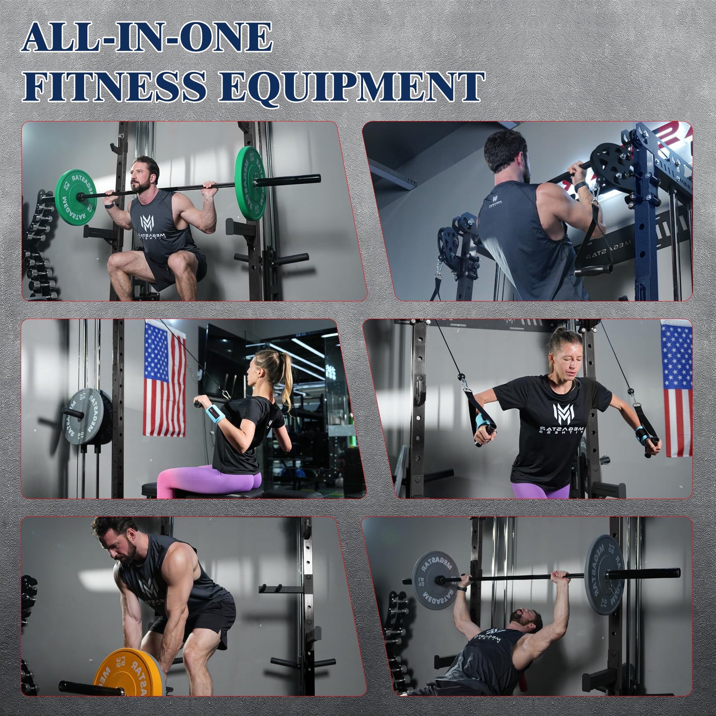 MEGASTAR FITNESS Power Cage, Folding Power Rack, 2000LBS Wall Mounted Squat Rack with Cable Pulley System, Landmine Attachment and Multi-Grip for Home Gym Small Space