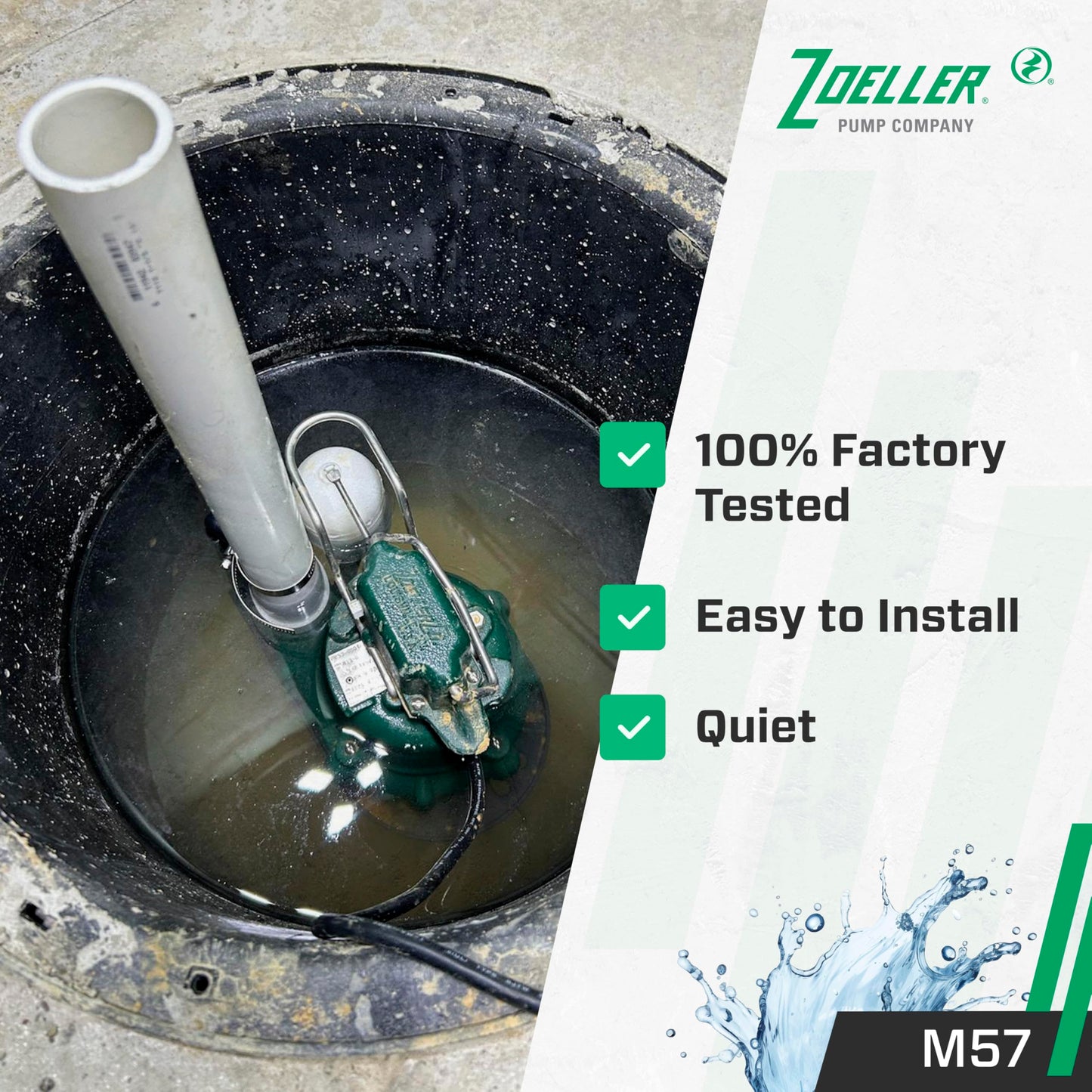 Zoeller M57 Mighty-Mate Submersible Sump Pump - 3/10 HP Cast Iron - 9′ Cord — Vertical Float - 1.5″ Discharge - Factory-Tested - Basement Sump Pump - 115V