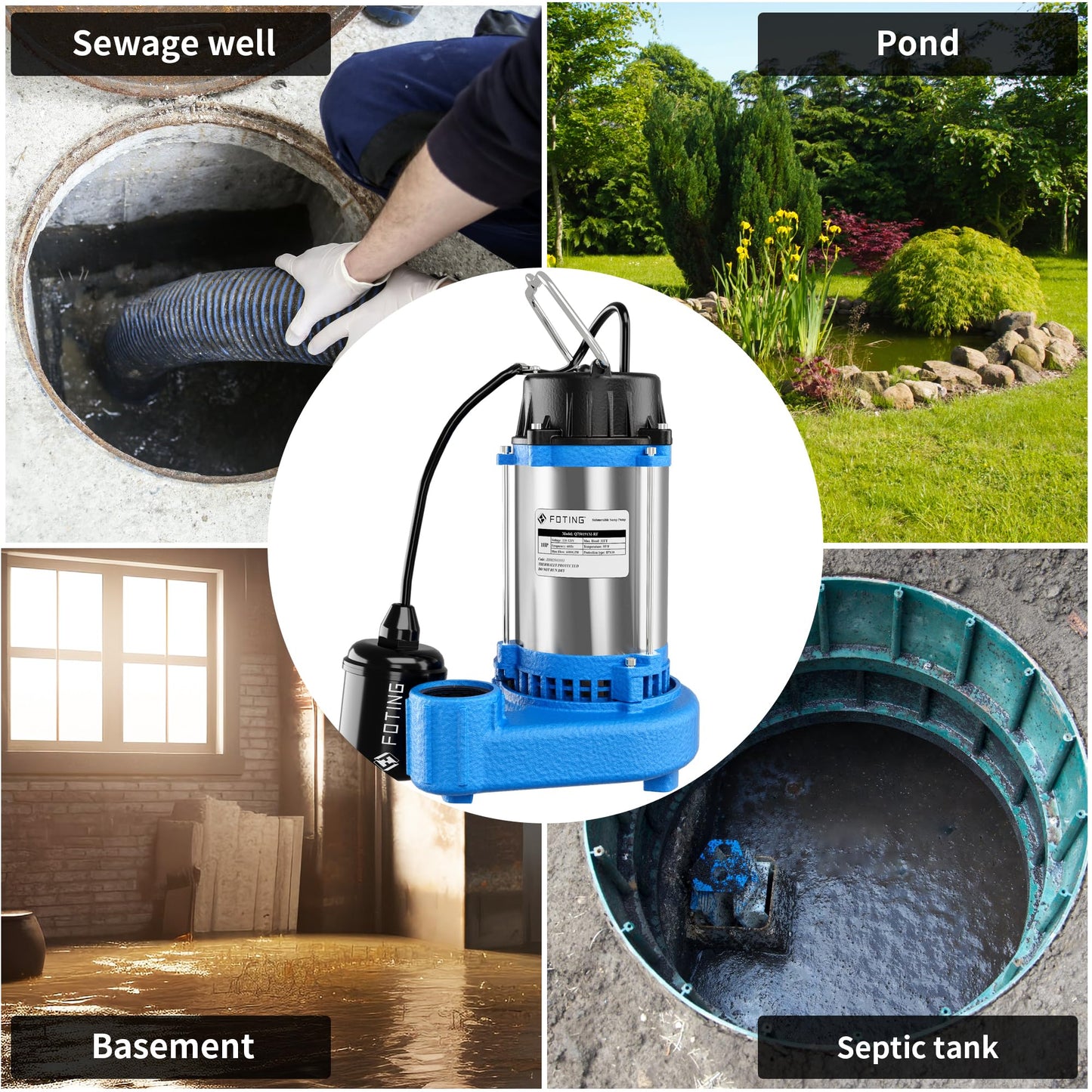 FOTING 1HP 6000 GPH Sump Pump Submersible Sewage/Effluent Pump - Heavy Duty Cast Iron - 115V Septic Pump for Sump Basin/Residential/Sewage/Basement, Sewage Pumps 1-1/2'' NPT