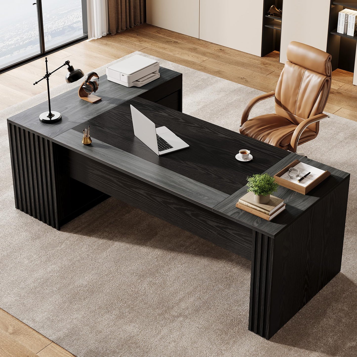 Tribesigns 78" L Shaped Executive Desk with Drawers, Large Office Computer Desk with Cabinet and Storage Shelves, Modern Business Furniture Sets Workstation for Home Office (Gray&Black)