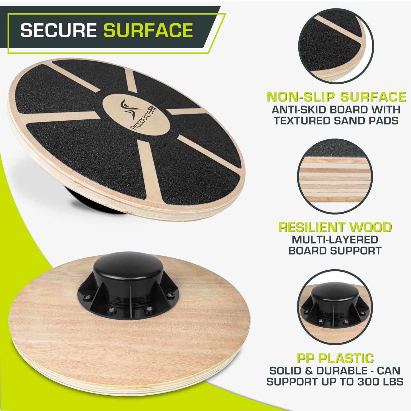 ProsourceFit Wooden Balance Board Non-Slip Wobble Core Trainer 15.75in (39.5cm) Diameter with 360 Rotation for Stability Training, Full Body Exercises, Physical Therapy, Black