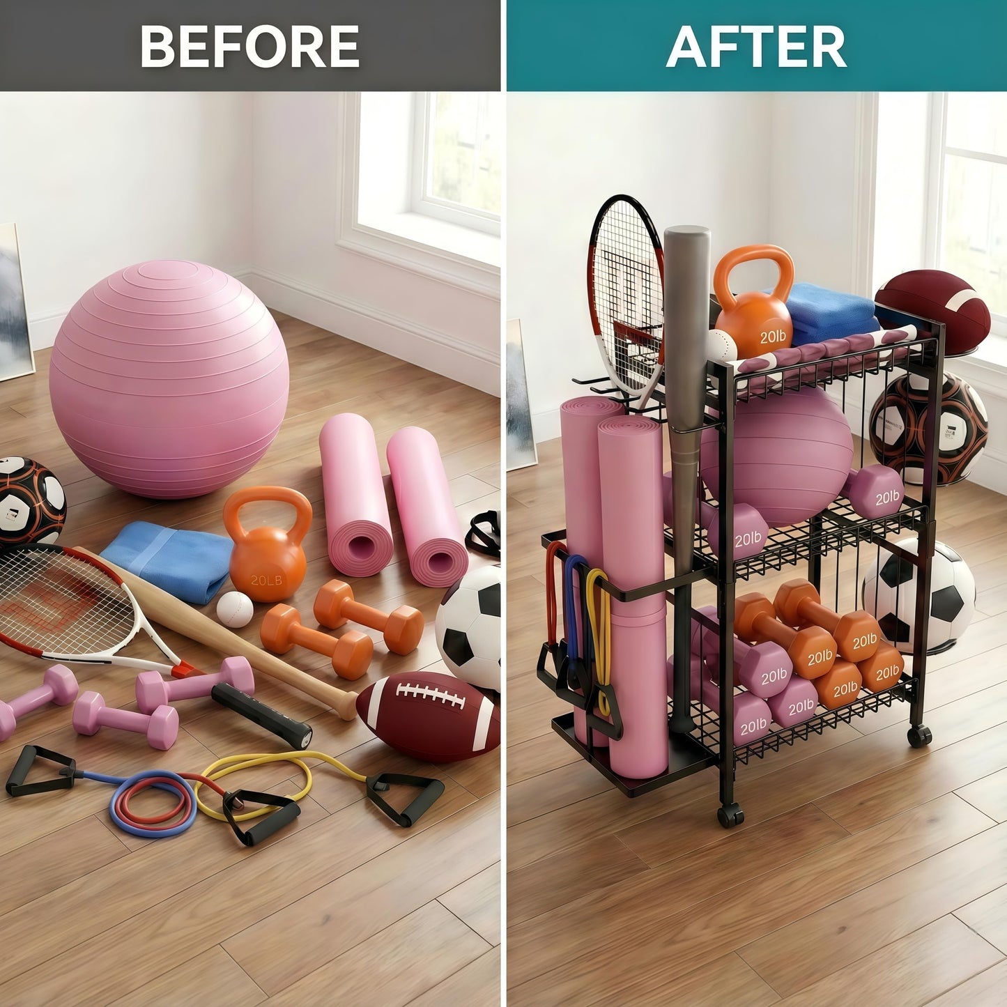 ULAIHOMN 3-Tier Home Gym Storage Rack with Ball Holder & Side Basket Heavy Duty Vertical Workout Equipment Organizer for Yoga Mats with Lockable Wheels