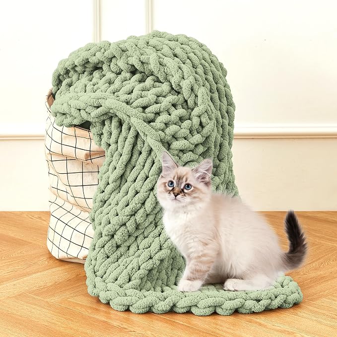 Admitrack Chunky Knit Blanket Throw, 100% Hand Knit Chenille Throw Blanket for Sofa & Home Decor, Soft and Cozy Knitted Throw Blankets (Sage Green，40"x50")