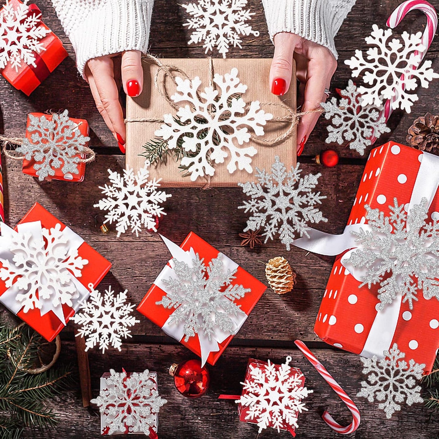 Skiennix Christmas Snowflake Ornaments - 36Pcs Glittering Plastic Hanging Decor for Winter Wonderland