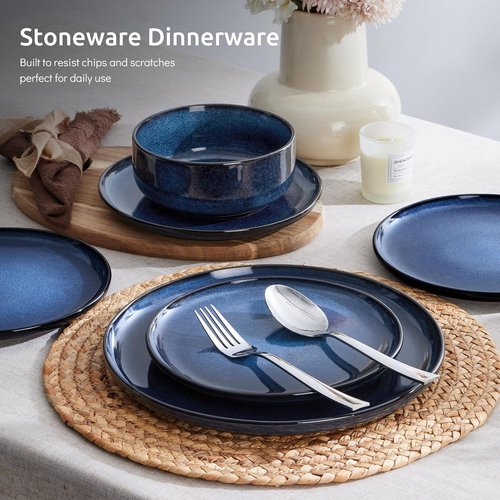 E-far Dinnerware Set - 12-Piece Stoneware Plates & Bowls for 4 | Microwave & Dishwasher Safe - Deep Sea Blue