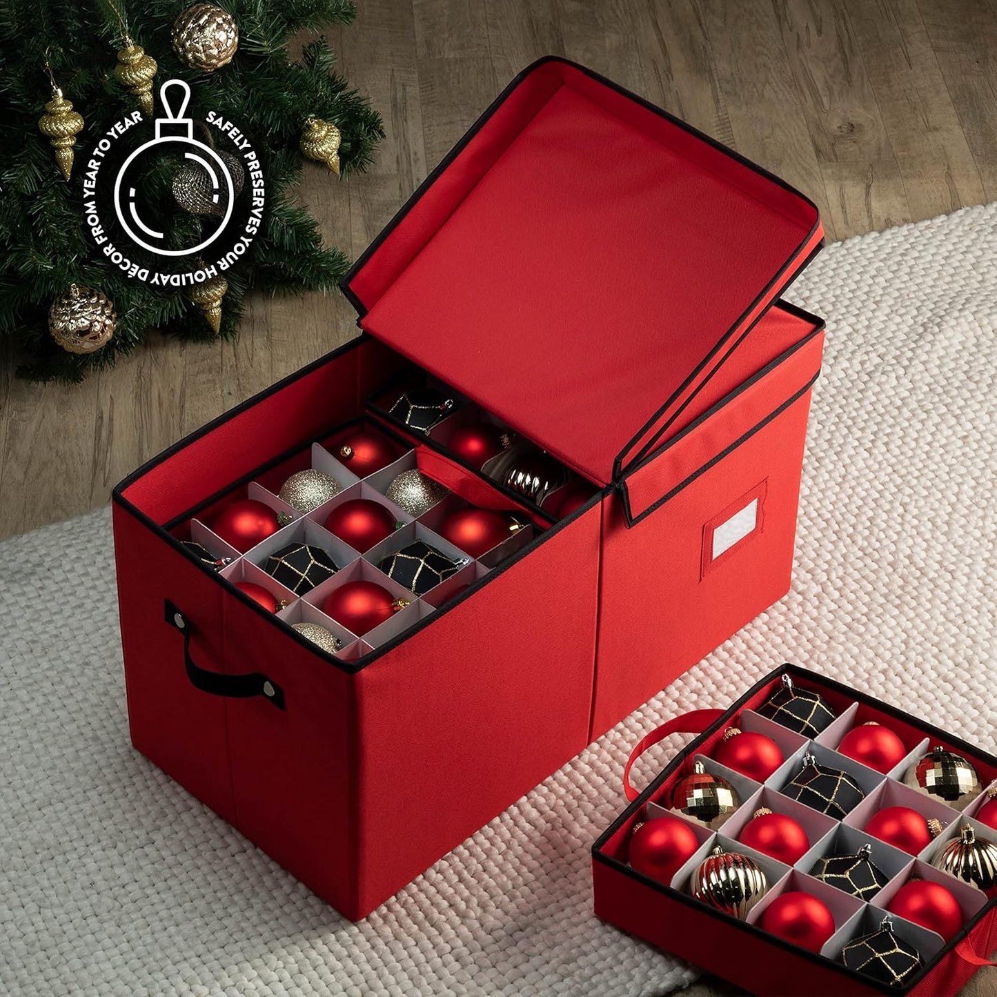 ZOBER Christmas Ornament Storage Box - Holds 128 3" Ornaments with Individual Trays - Durable Red 600D Oxford Fabric