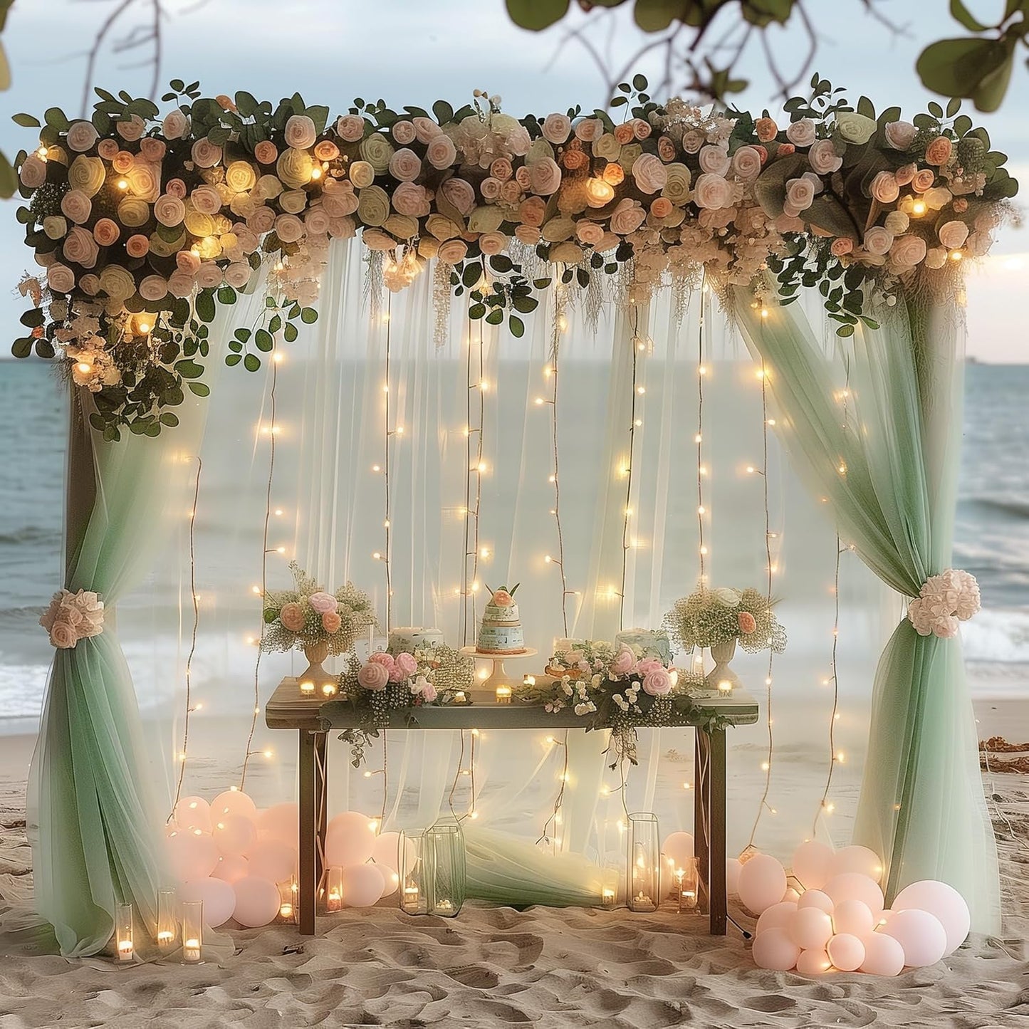 10FT 10FT (2 5x10FT) Fomcet Sage Green Tulle Backdrop Curtains with Lights String X Sheer Curtain with Lights Tulle