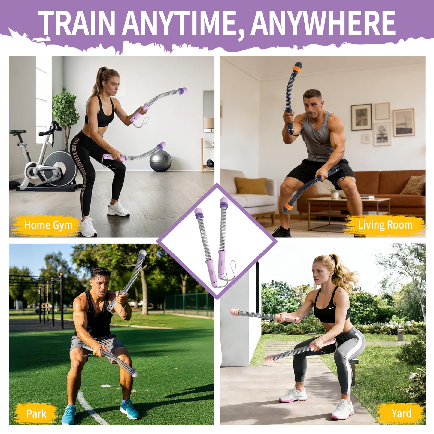 WITSPARKLLE Ropeless Battle Ropes, Adjustable Cordless Battle Ropes with Resistance Springs, Weighted Portable Workout Rope for Home Gym, Low-Impact HIIT Training Equipment for Men & Women (Purple)