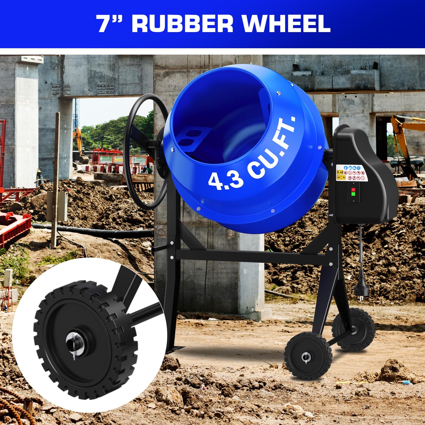 BSMTEK Electric Cement Mixer, 4.3 Cubic Ft. 450W Portable Concrete Mixer Machine with Stand And Wheels for Stucco, Mortar, Seeds, Blue-2026 Upgraded