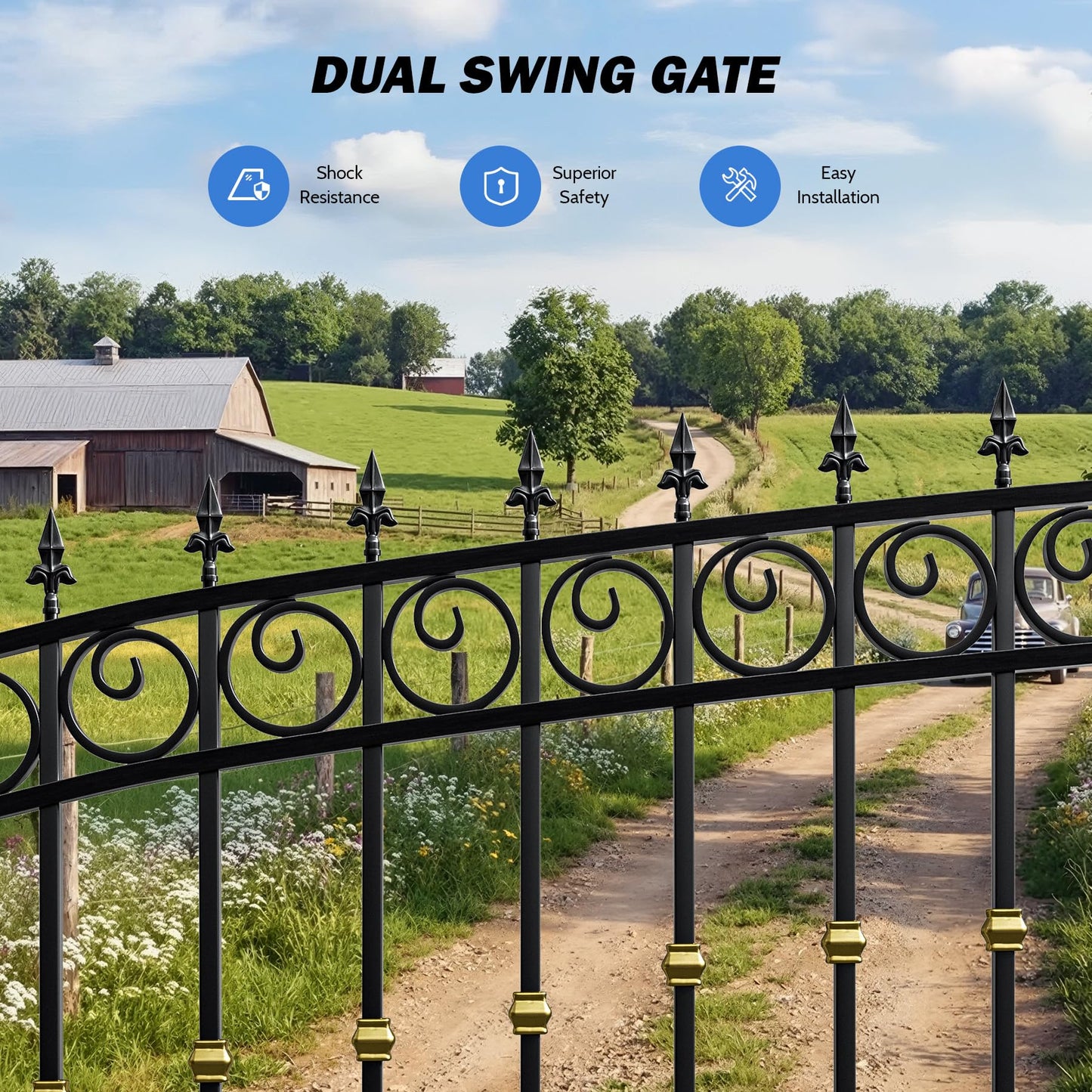 ZUMI Dual Swing Driveway Gate, 16x6 ft Heavy-Duty Galvanized Steel Security Gate Kit for Home Garden Yard & Family Safety, Outdoor Arched Swing Gate with Scrollwork & Gold-Tone Finials