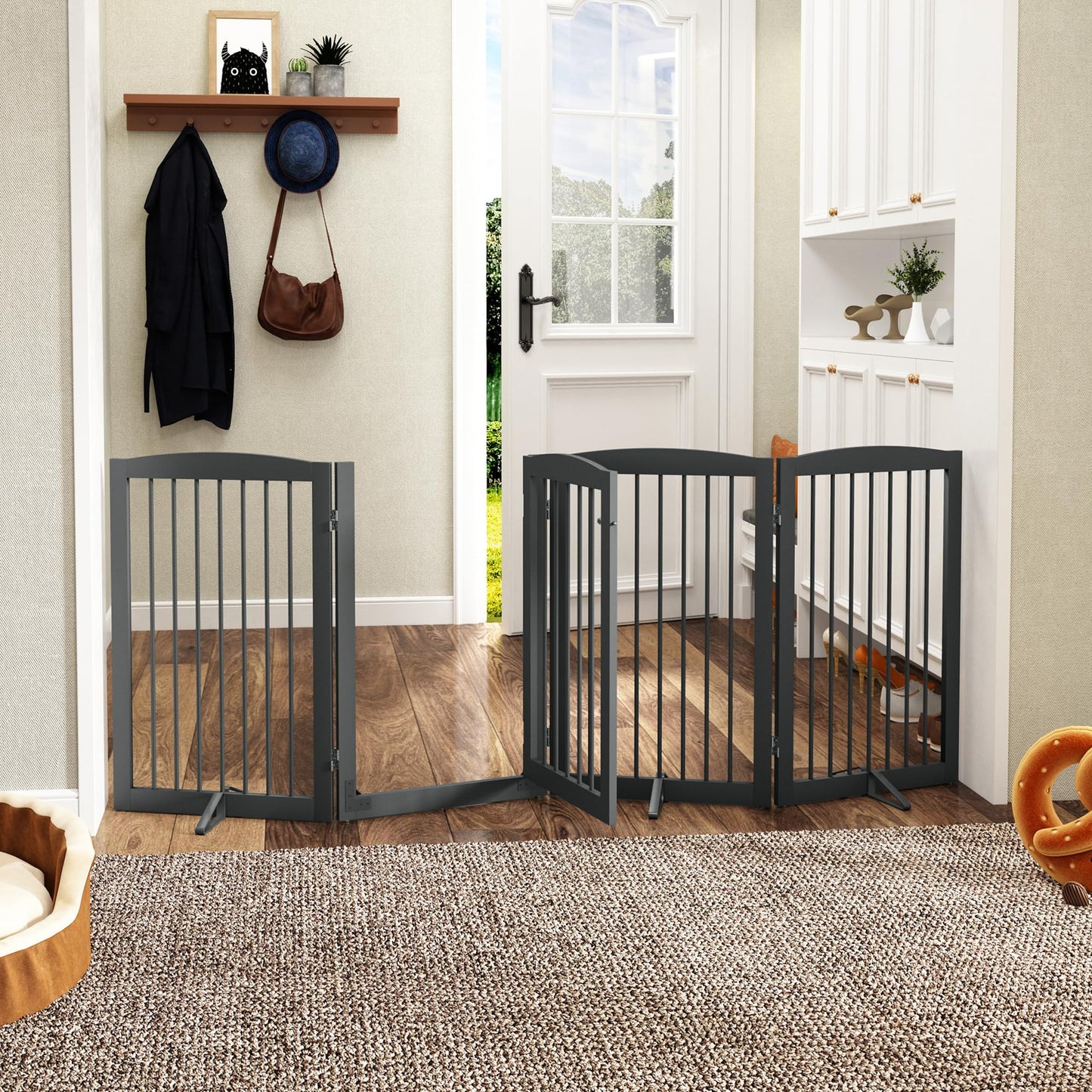 PUPETPO Freestanding Dog Gates with Door Walk Through, Pet Gate for Stairs, 80 inch Wide Gates Indoor, Dog Fences Indoor, Support Feet Included, 4 Panels, 32" Tall, Grey