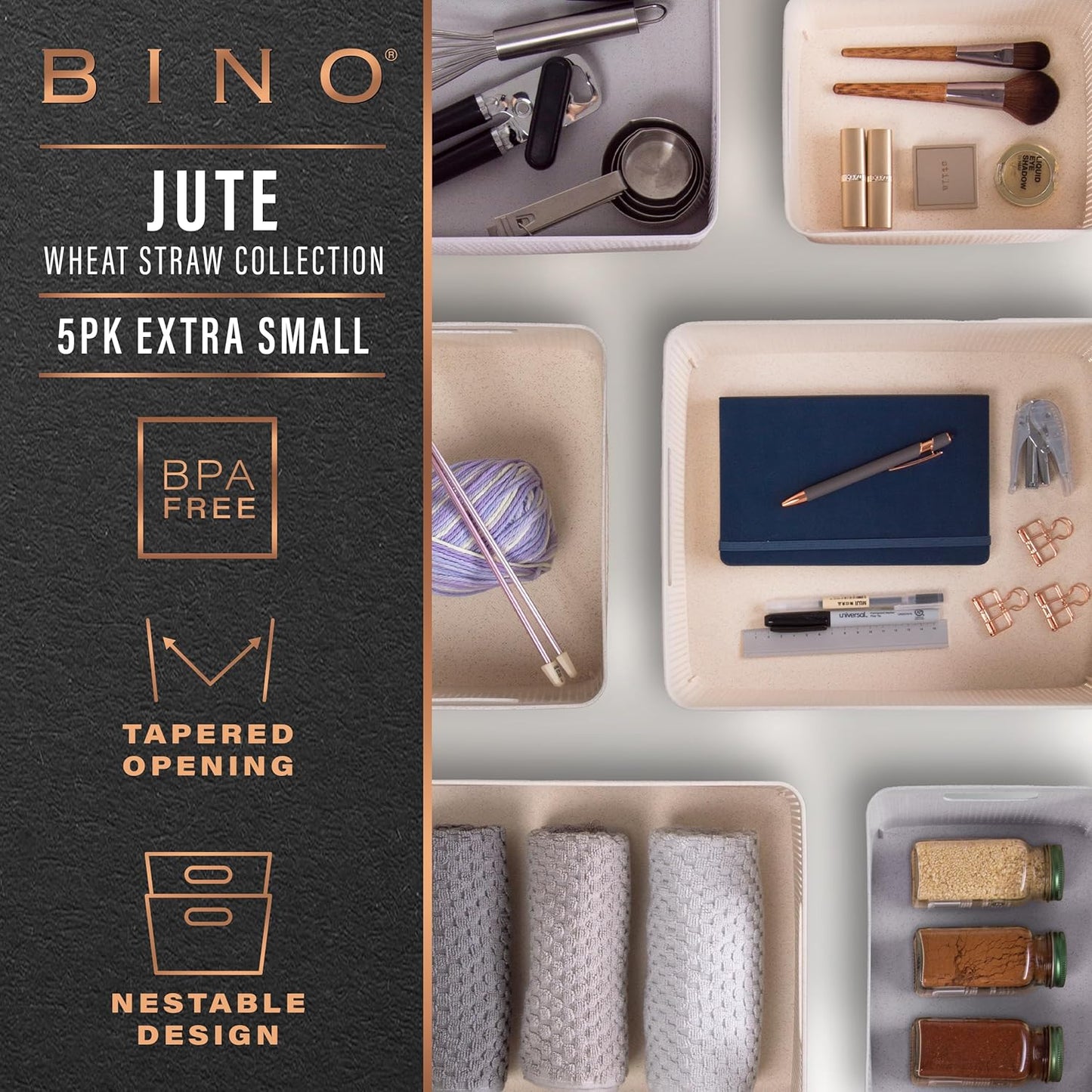 BINO Woven Plastic Basket - Stylish Natural Grey XS, 5-Pack | Space-Saving Home Organization