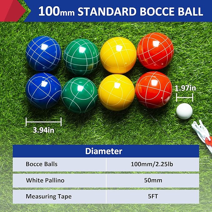ropoda 100mm Bocce Ball Set Regulation Size and Weight with 8 Resin Bocce Balls, 50 mm Pallino, Carrying Bag, Measuring Rope, Backyard/Lawn/Beach/Outdoor, Bocci Games (Multi Colors, 2-8 Players)