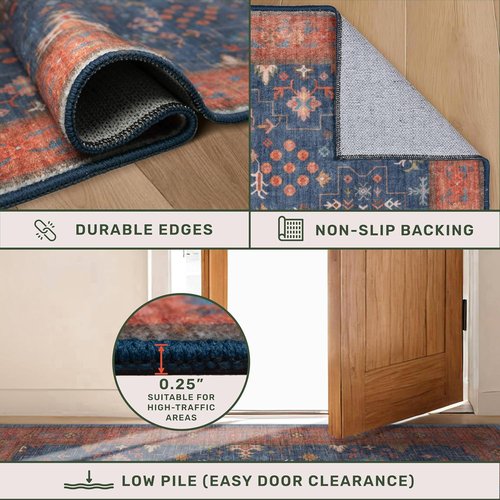 Hazo Haus Dark Blue & Terracotta Area Rug - Machine Washable 5x8 Non-Slip Low Pile for Living Room, Bedroom & Kitchen