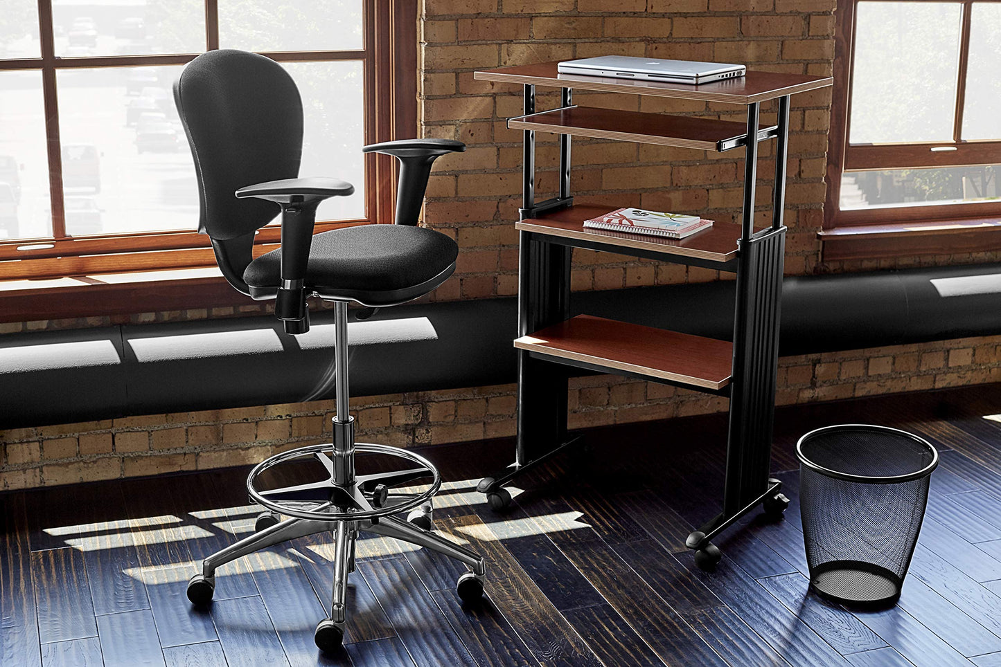 Safco 1929CY MUV Mobile Stand-Up Height-Adjustable Desk,Keyboard Storage, Steel Frame Construction, Durable Melamine Laminate Work Surface, 4 Wheels, Narrow Design
