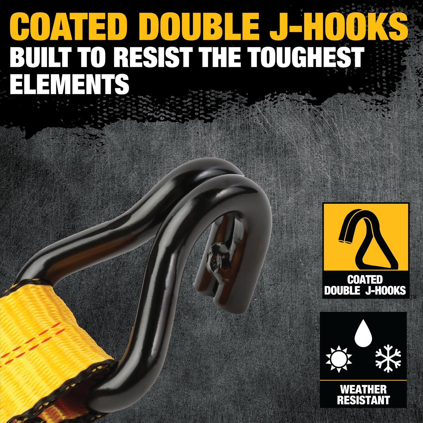 DEWALT DXBC10000J-6PK Black/Yellow 2" x 27' Ratchet Tie Down Straps with Double J-Hooks - Heavy-Duty Cargo Hauling (10,000 lb Break Strength), 6 Pack