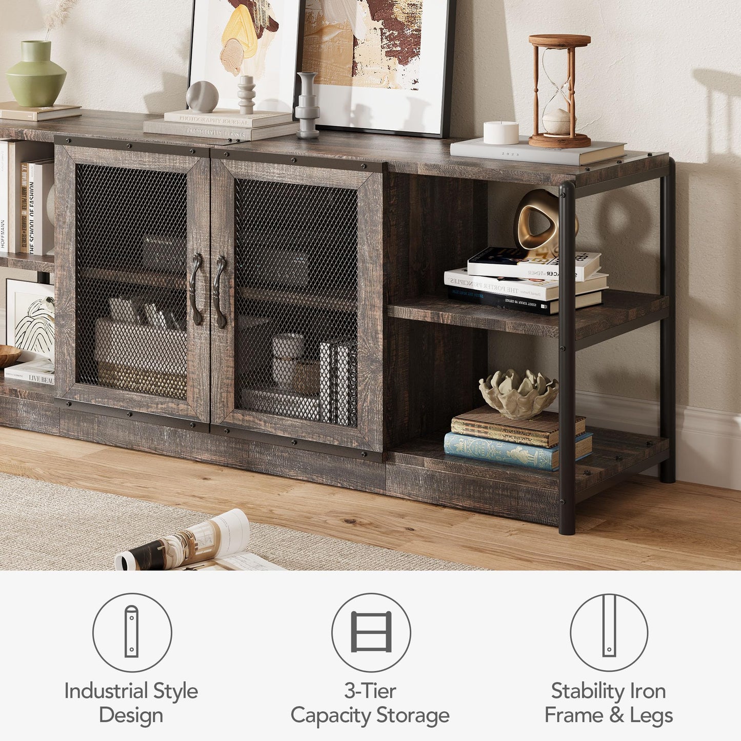 IDEALHOUSE Farmhouse TV Stand for 65/75 inches TVs, Entertainment Center with Storage Cabinet, Industrial Media Console Cabinet Table, Living Room Media Furniture, Rustic Oak