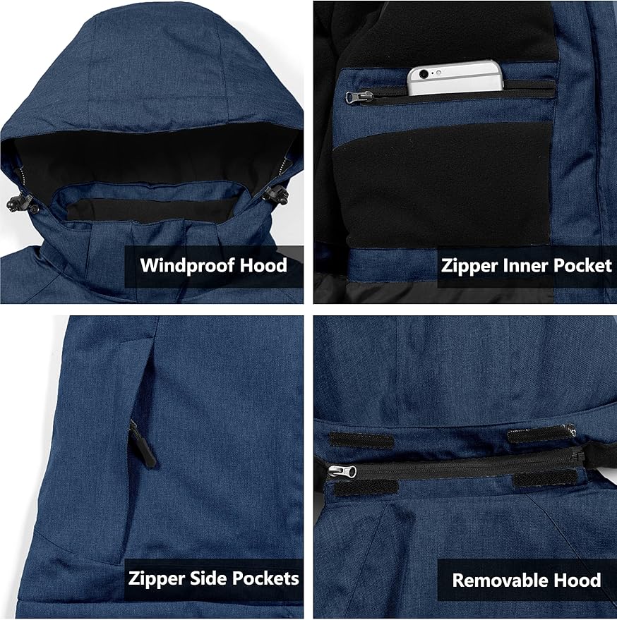 Little Donkey Andy Women's Waterproof Hiking Skiing Jacket with Removable Hood, Fleece Lined Winter Warm Rain Coat