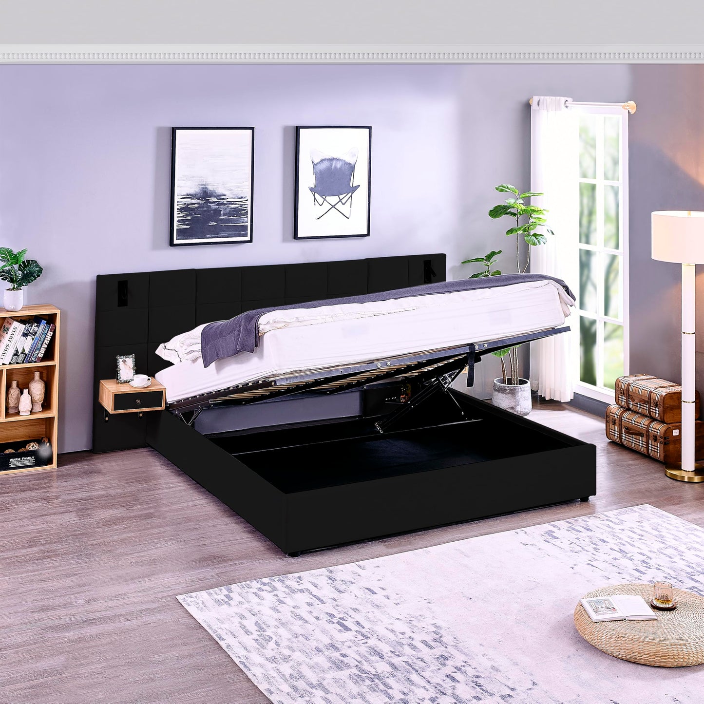 KEIKI King Size Storage Velvet Upholstered Hydraulic Lift Platform Bed with 2 Shelves, 2 Reading Lamps and USB Port, Modern King Bed Frame with Headboard, Space Saving, Black