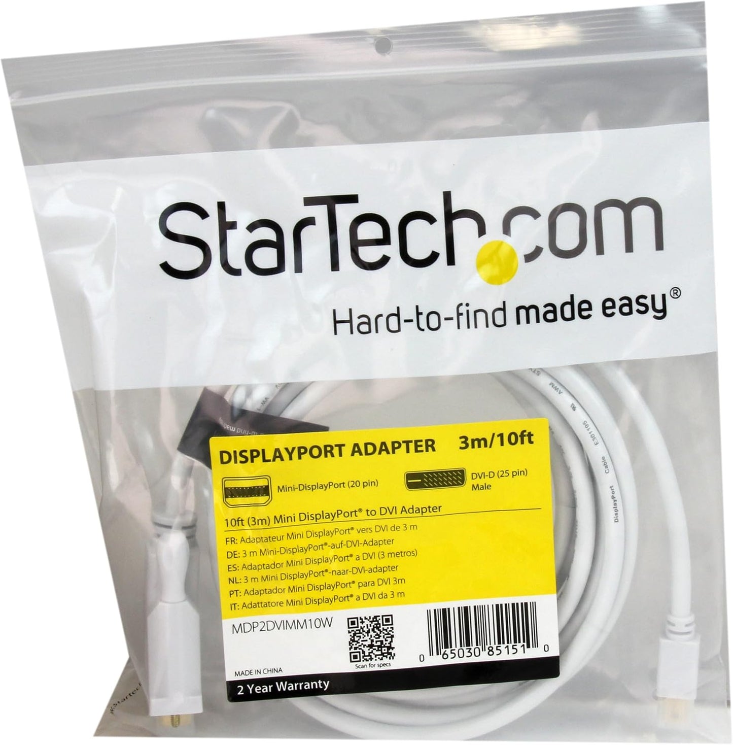 10ft 1920x1200 (MDP2DVIMM10W) StarTech.com Mini DisplayPort to DVI Adapter Cable - Mini DP to DVI Video Converter - MDP