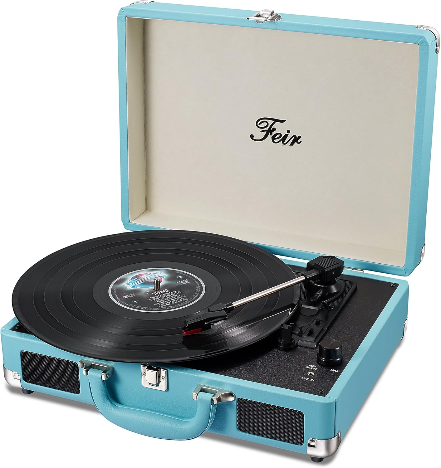 Feir 3 2 Vinyl Stereo Blue Record Player Speed Portable Turntable Suitcase Built in Speakers RCA Line Out AUX Headphone