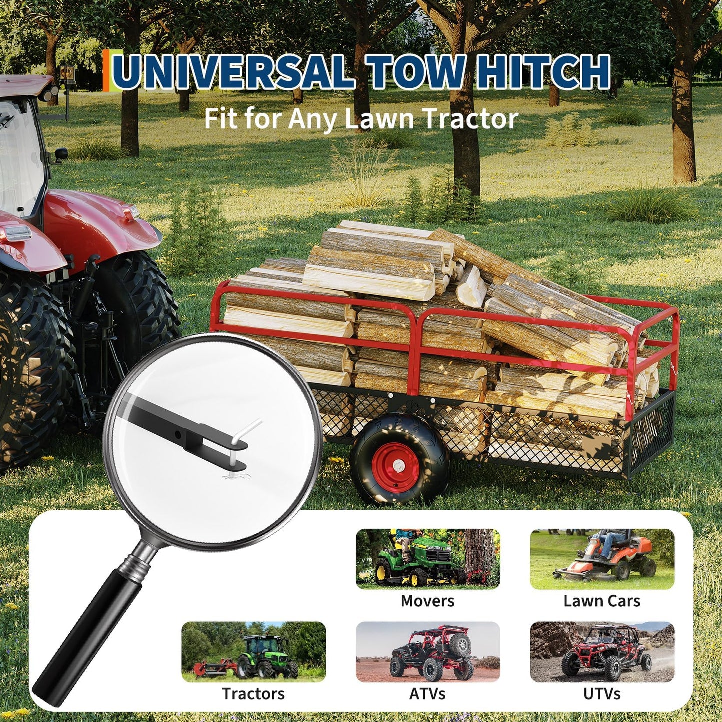 GarveeLife ATV UTV Trailer Tow Behind Dump Cart, 1600 lbs 22 Cubic Feet Heavy Duty Yard Garden Trailer Pull Behind with Removable Sides & All Terrain Tires, Fits Lawn Mower, Tractor, Garden