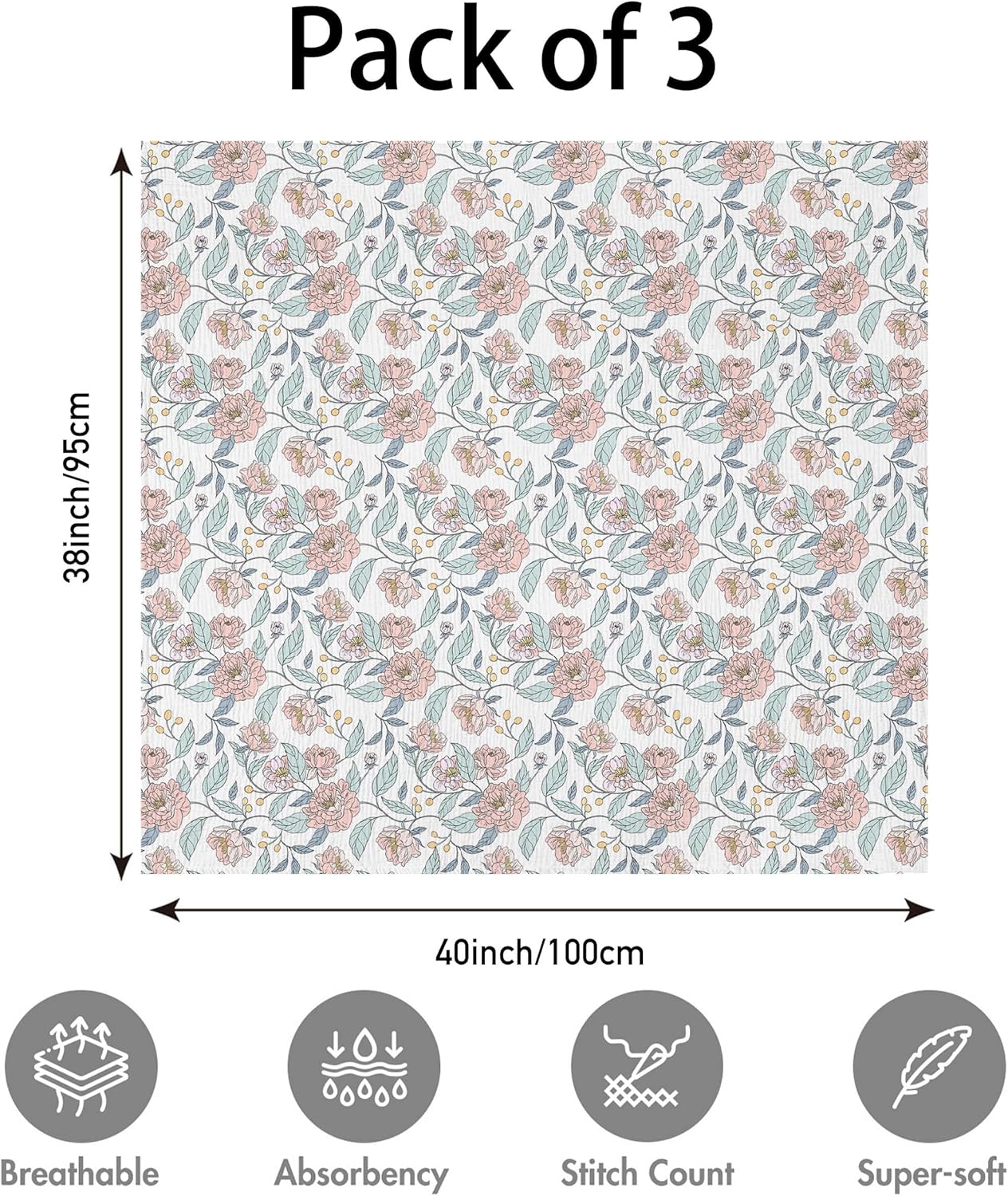 Skiennix Muslin Swaddle Blankets - 3 Pack Breathable Soft Receiving Blankets | Large 38 x 40 Inches, Cute Flower Design