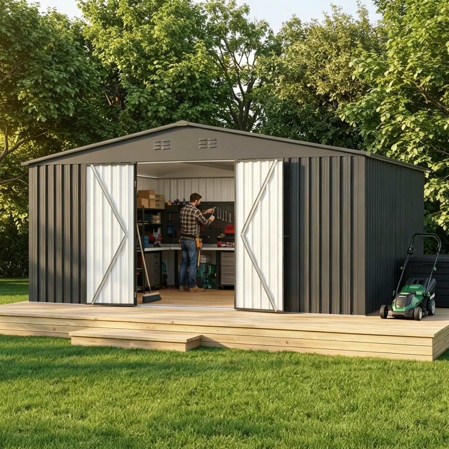 EASYHAWK 14x12 FT Outdoor Storage Shed, Metal Garden Shed with Lockable Door & Sloped Roof, Large Waterproof Utility Tool Shed for Backyard, Garden, Patio, Lawn, Black