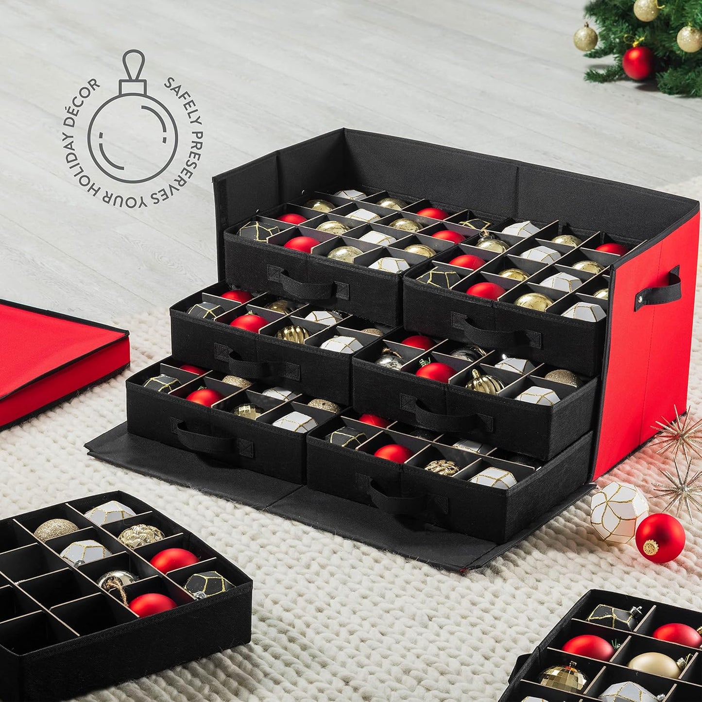 ZOBER Christmas Ornament Storage Box | Holds 128 3" Ornaments - Durable Tear-Proof 600D Oxford Fabric - Red