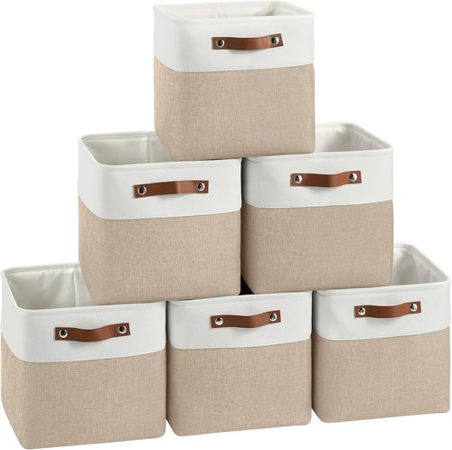 FinishingBo Cube Storage Baskets - 6 Pack 11x11 Inch Bins with Leather Handles for Closet | White & Khaki