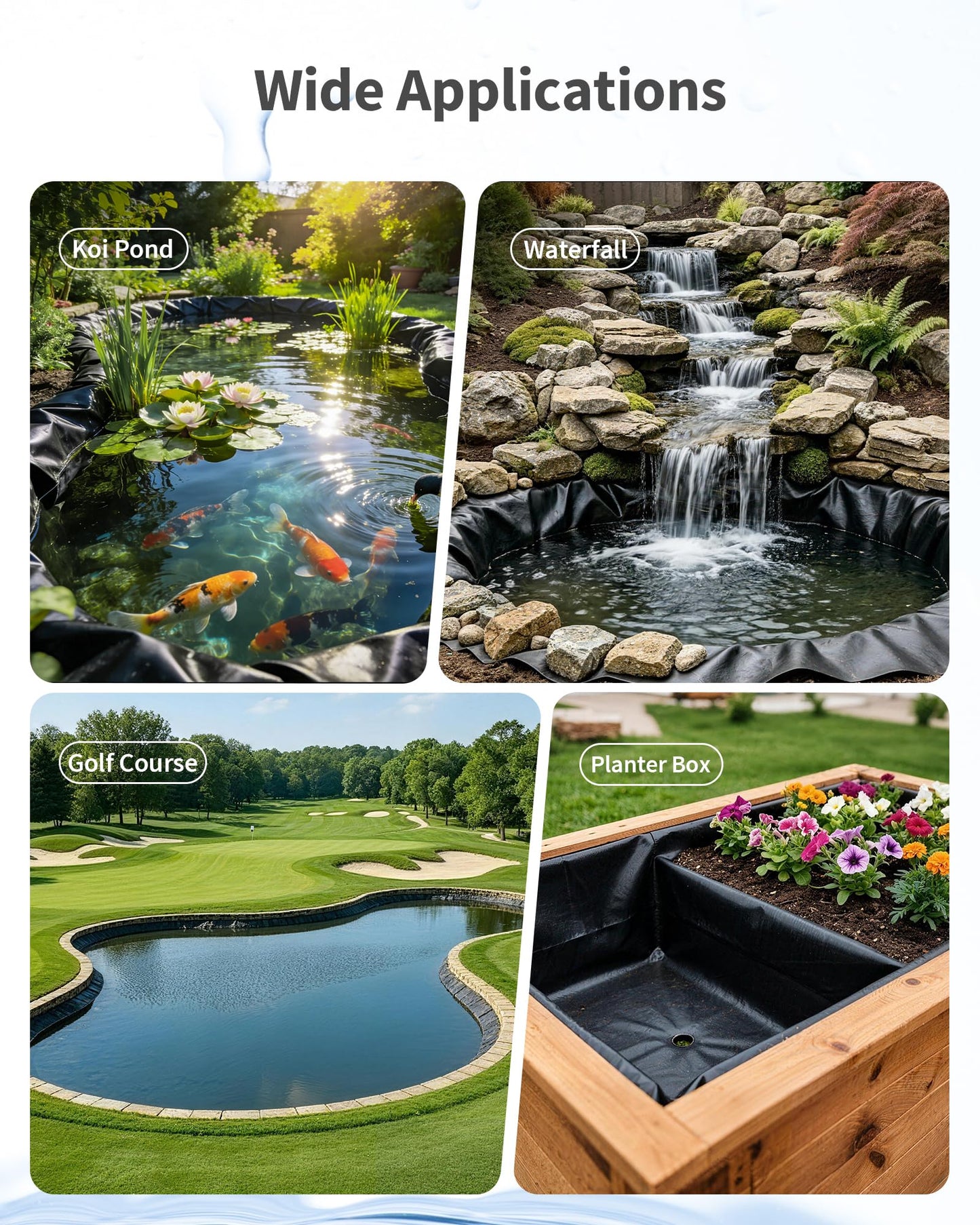 POPOSOAP Pond Liner, Mil Fish Pond EPDM Liner, U-V Resistant Preformed Garden Pond Liners for Outdoor Ponds, Koi Ponds, Garden Fountain, Waterfalls 13 x 13 FT 45Mil