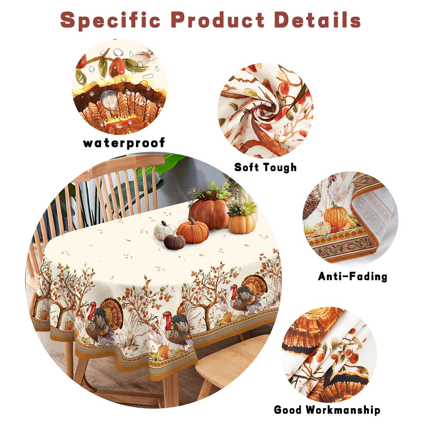 Virtumob Fall Thanksgiving Double Border Decoration Tablecloth, Turkey & Pumpkin Harvest Tablecloths, Waterproof Table Cover for Dinner Kitchen Party Holiday Decorations Oval 60 x 84 Inch