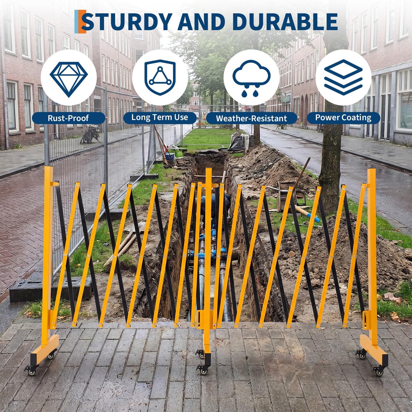 23FT Metal Expandable Mobile Barricade,Industrial Folding Security Gate Driveway Gate, Retractable Retractable Gate Outdoor,Folding Safety Barricade with Casters