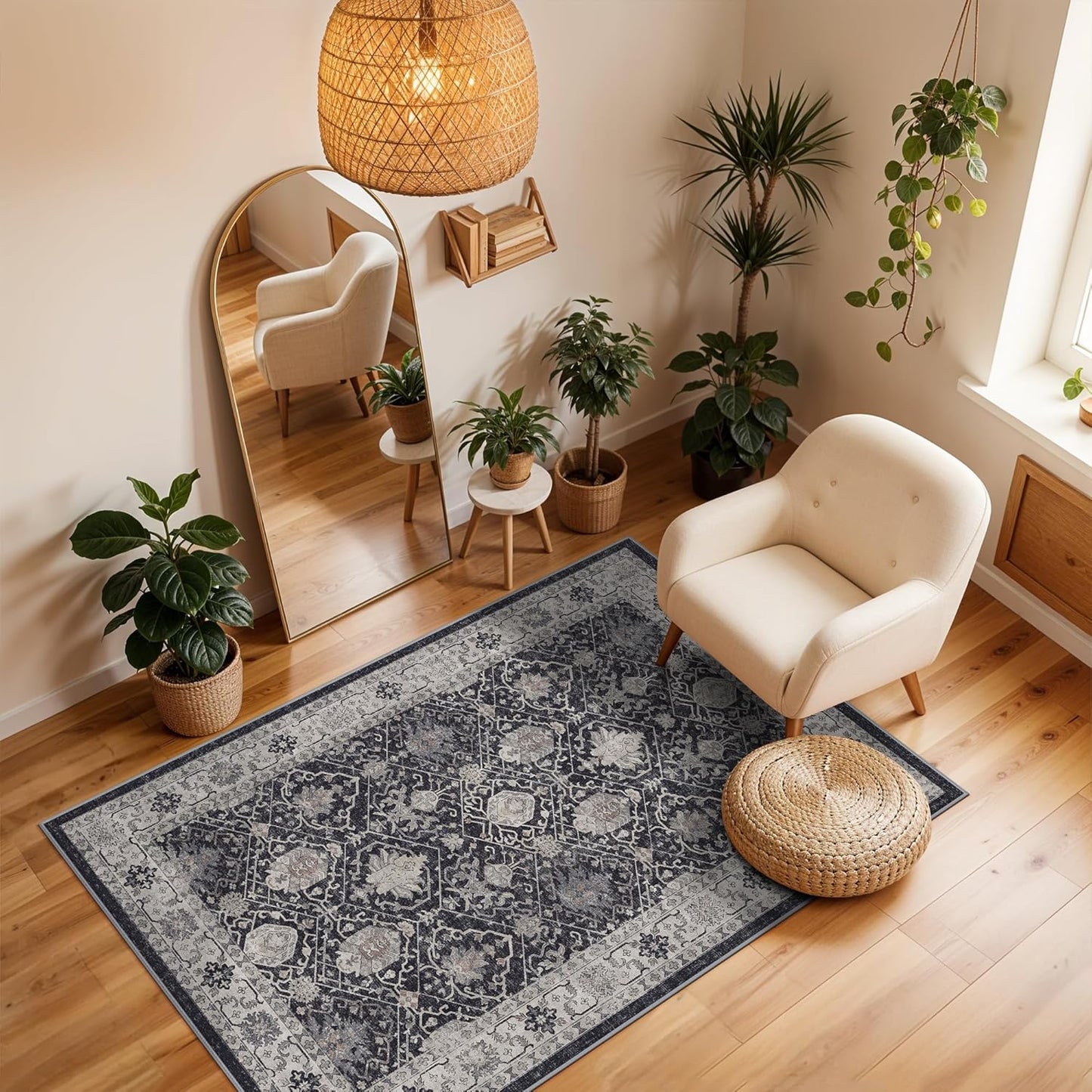 Skiennix Washable 3x4 Entryway Area Rug - Ultra Soft Low Pile Anti-Slip Carpet for Indoor Use | Black