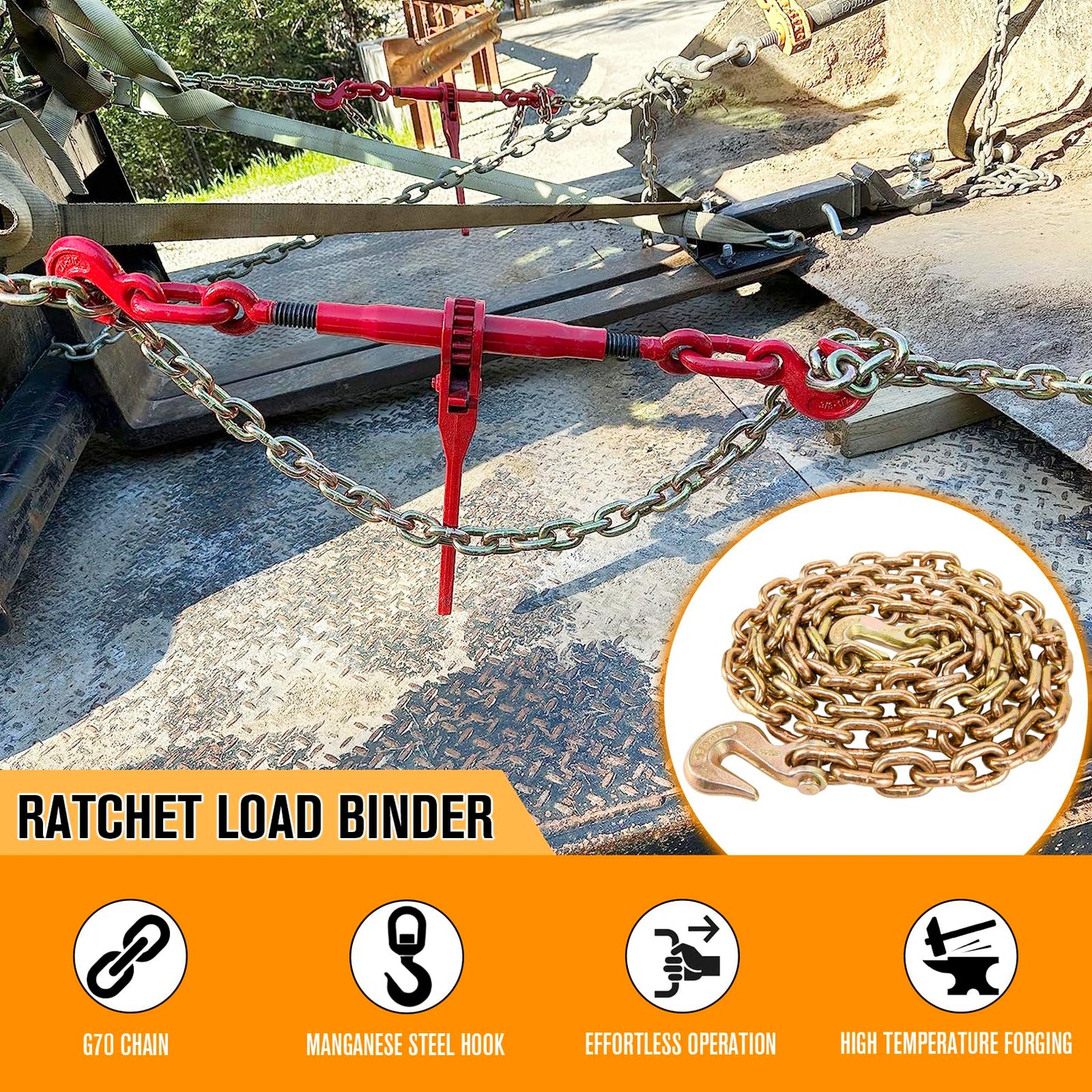 Chain Binders, Transport Chain, Tie Down Chain and Binder 3/8''-1/2'', 10Ft Chains with G70 Hooks, Ratchet Load Binders 9215Lbs Working Strength, Towing Chain for Flatbed Trailer Truck