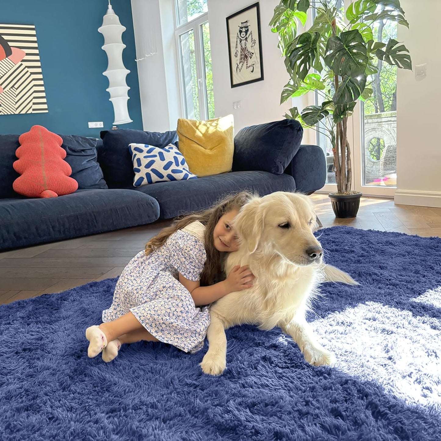 OLANLY Area Rugs - Soft Fluffy Shaggy Indoor Carpet for Living Room & Bedroom | 4x5.9 ft Denim Blue