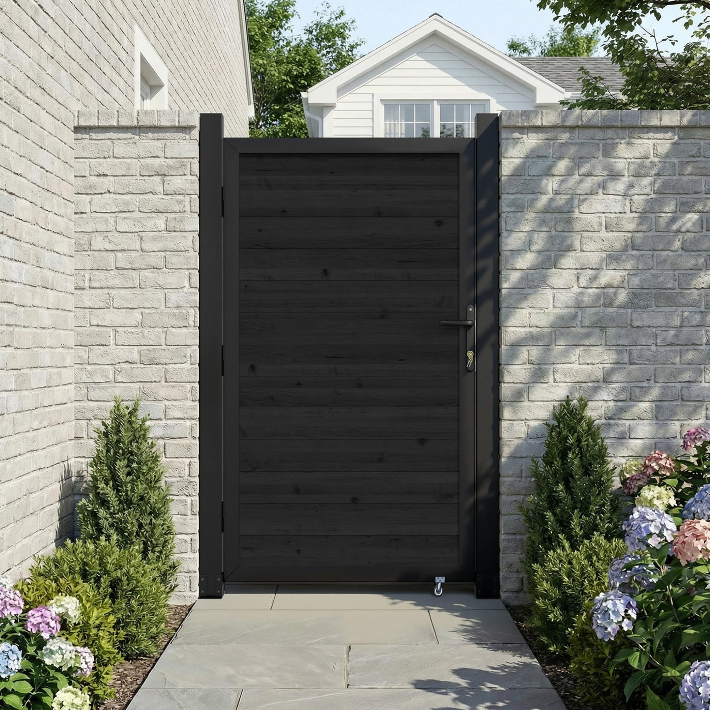 MUPATER 6×3 FT Outdoor Garden Gate, Privacy Fence Gate with Aluminum Frame & Cedar Wood Panels, Lockable Handle & Caster Wheel, Reversible Swing Direction for Patio, Yard, Garden, Black