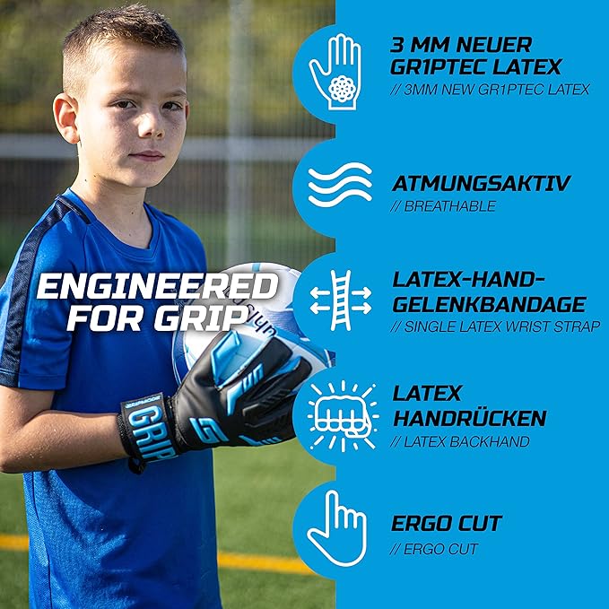 GRIPMODE Aqua Junior Goalkeeper Gloves Children with Fingersave and Individual Removable Finger Protection - Football Goalkeeper Gloves with Latex Coating for Good Grip - Size 4-6