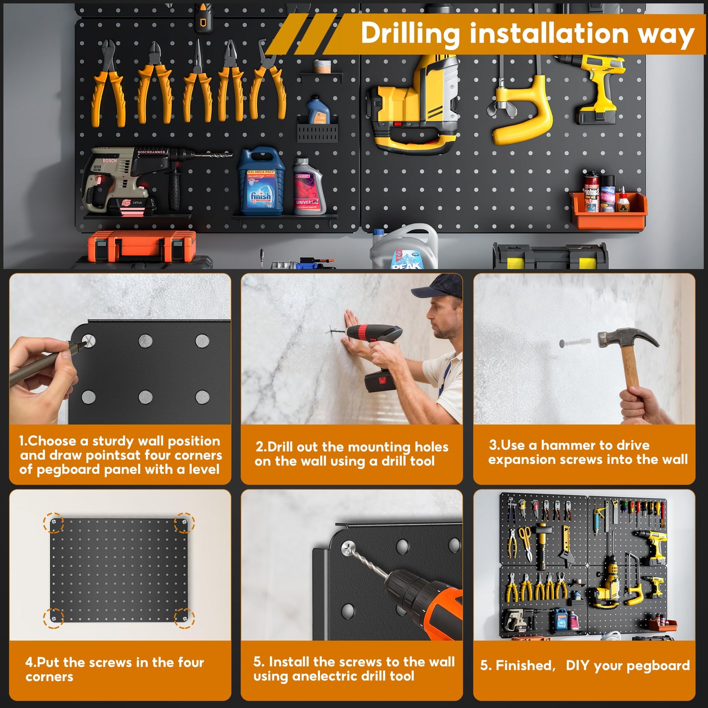 Hogurity Peg Board, 110pcs Metal Pegboard Kit, Includes 4 Pack Black Peg Board Panels with Accessories and Hook Locks, Large Heavy Duty Peg Boards for Walls Home, Garage Tool Storage, Workbench