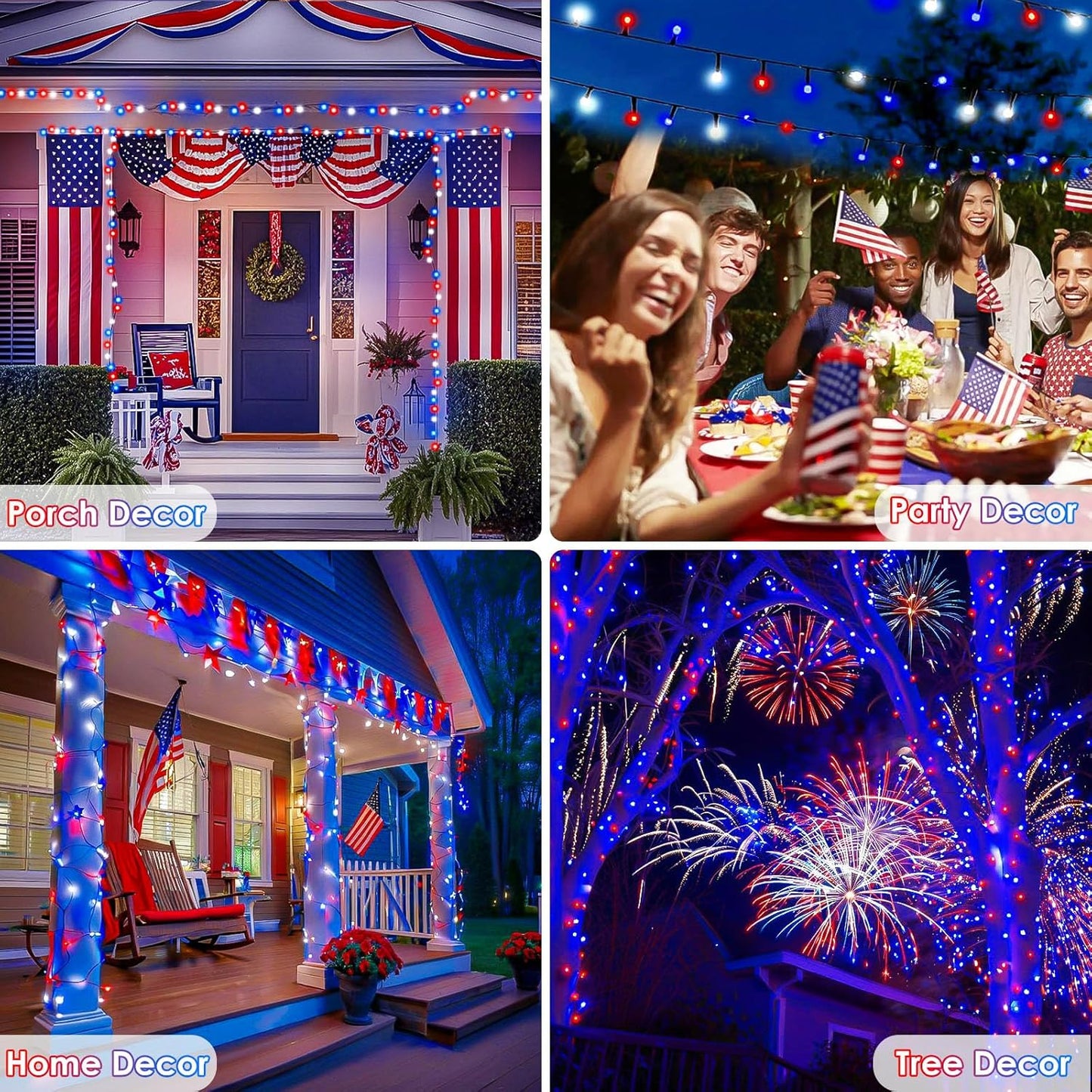 Skiennix 4th of July Outdoor Decorations - 4-Pack Red, White & Blue Solar String Lights | 400 LED, 132FT, Waterproof