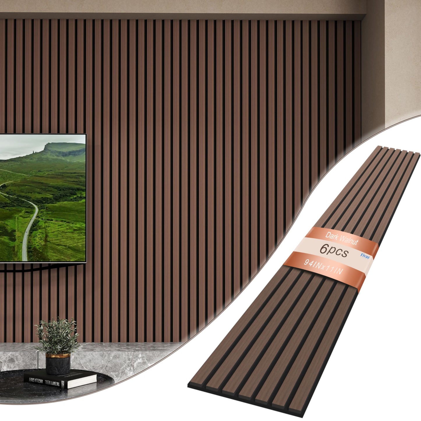 Fivaz 6 Pcs 94" × 11" Wood Panels for Wall, Soundproof Wood Slat Wall Paneling, Stylish Decor Acoustic Wall Panels for Wall and Ceiling, Odor-Free & Easy to Install, Dark Walnut