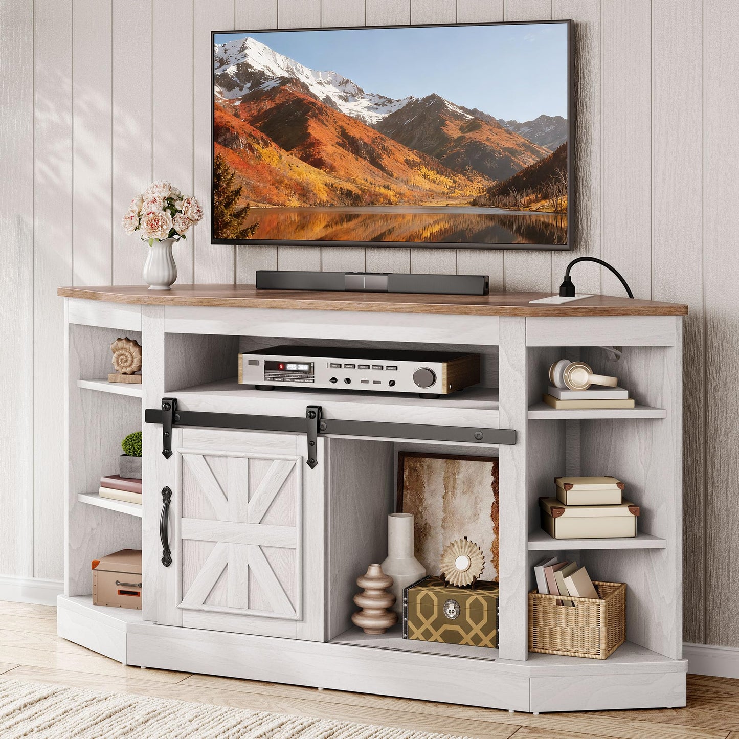 YITAHOME Corner TV Stand for 50 Inch TV, Farmhouse Entertainment Center with Storage & Power Outlet, TV Console Cabinet and Sliding Barn Door for Living Room, Grey Wash & Grey White